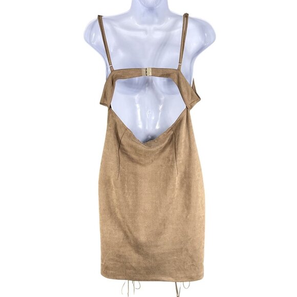 Better Be L Tan Vegan Suede Mini Dress Zip Front Lace Up Stretchy Costal Cowgirl - Picture 2 of 16